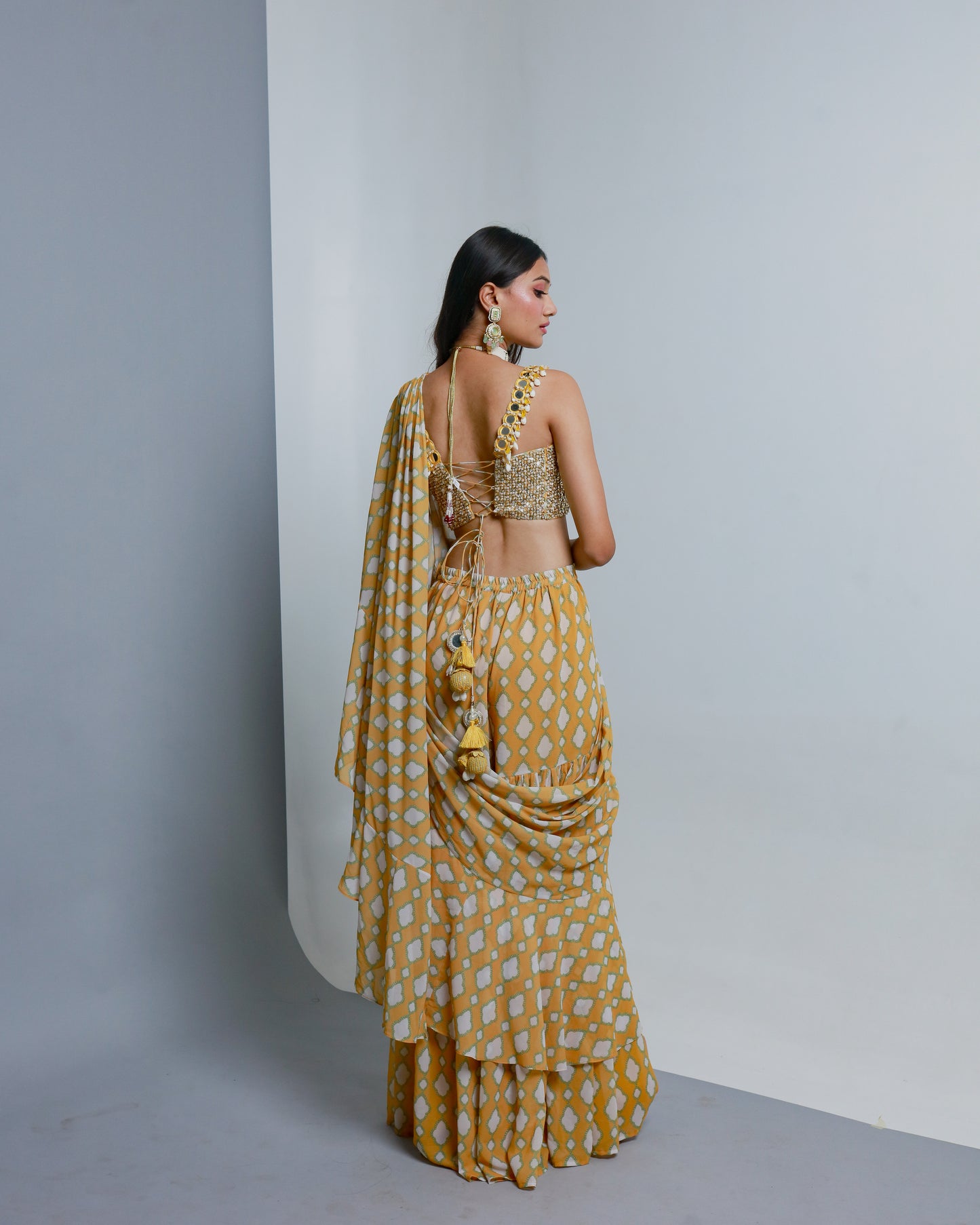 Yellow Poly Georgette Geometric Printed Pre-Stitched Pant Saree Set