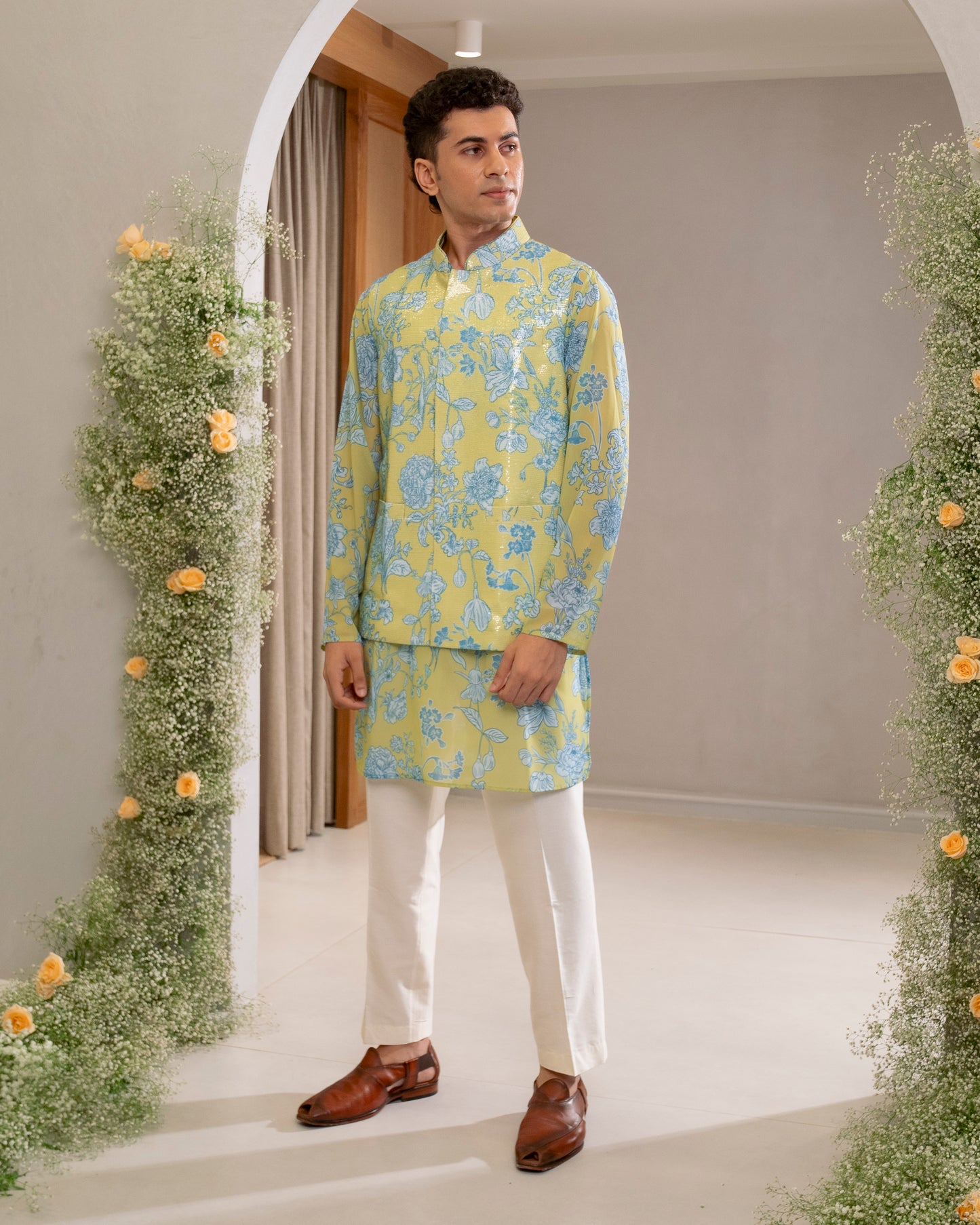 PRINTED KURTA WITH PRINTED SEQUIN BEUNDI