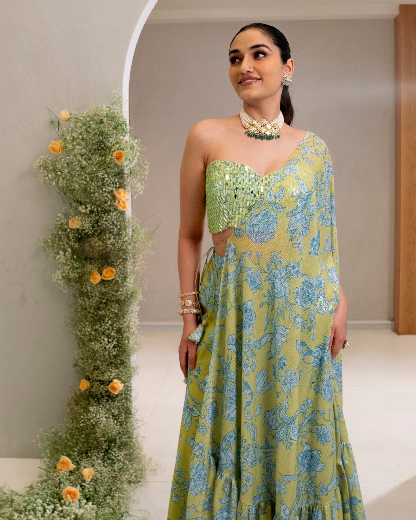 EMBROIDERED BUSTIER WITH RUFFLE CAPE AND SHARARA PANT