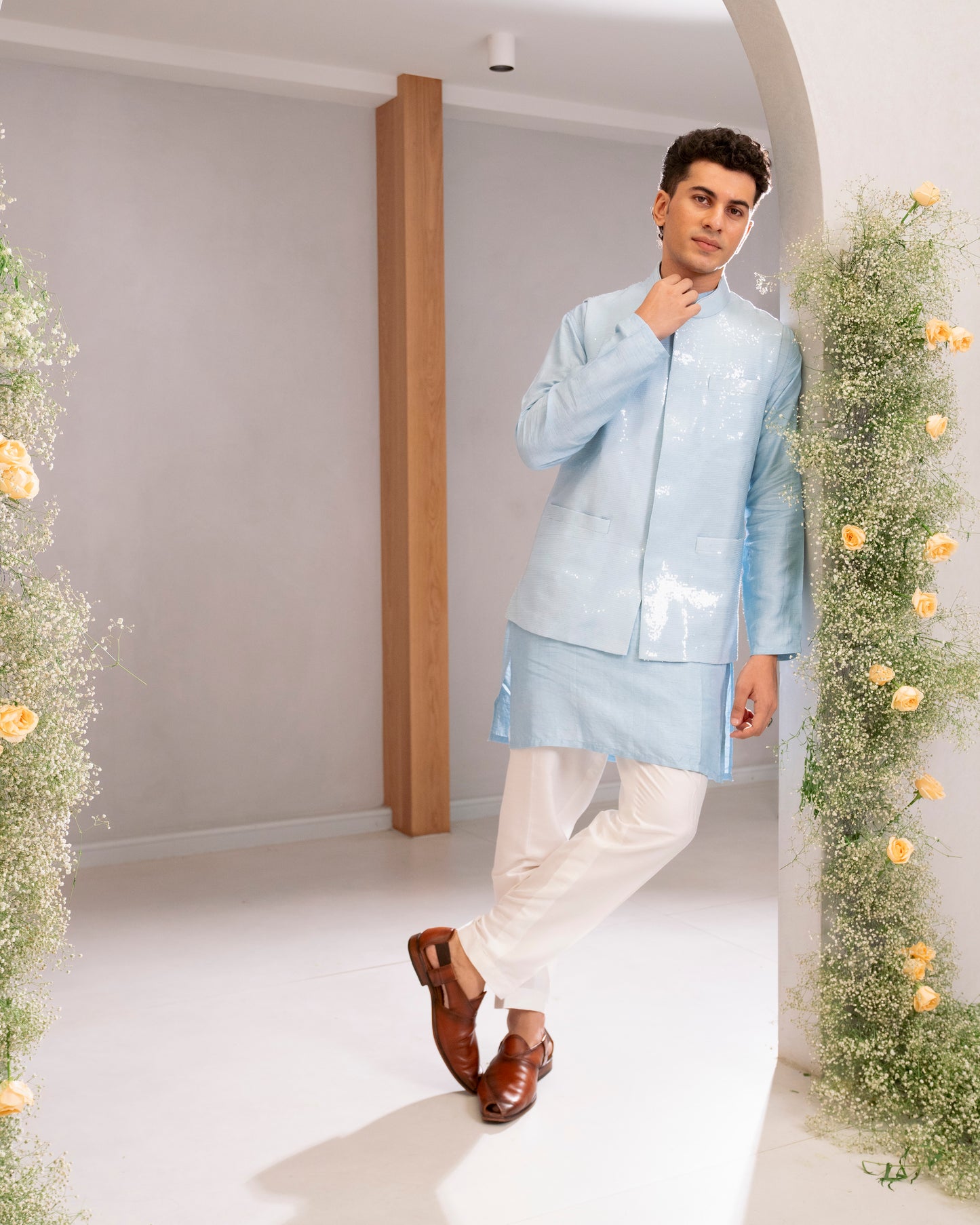 SILK KURTA WITH SEQUIN BEUNDI
