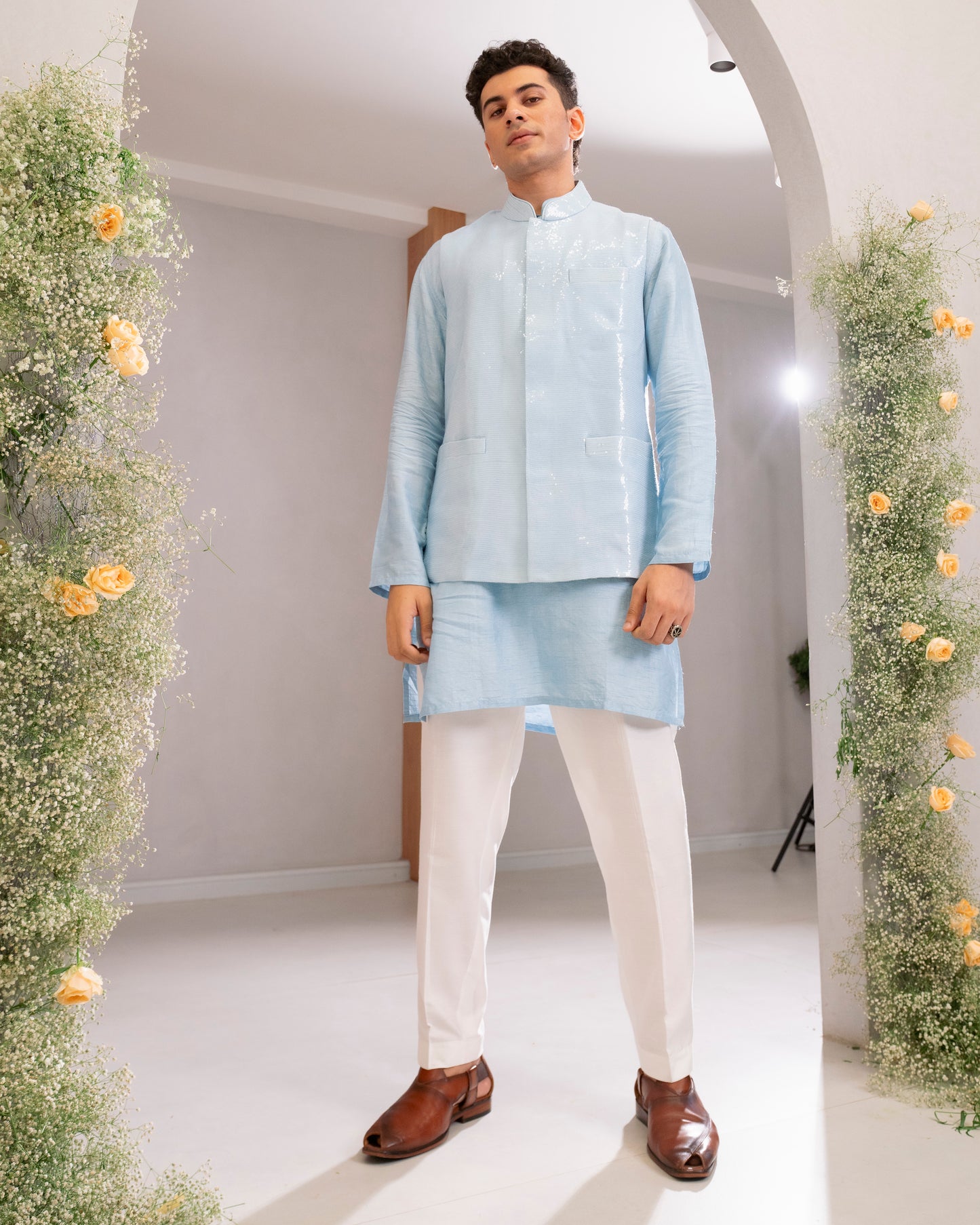 SILK KURTA WITH SEQUIN BEUNDI