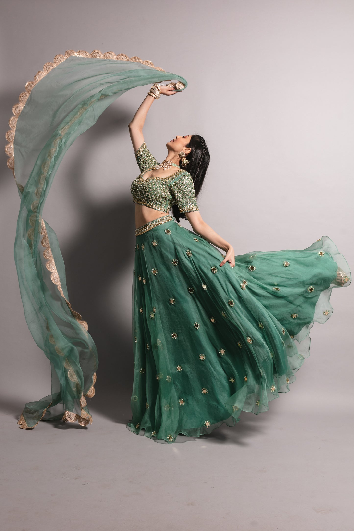 Teal Green Embroidered Lehenga Set