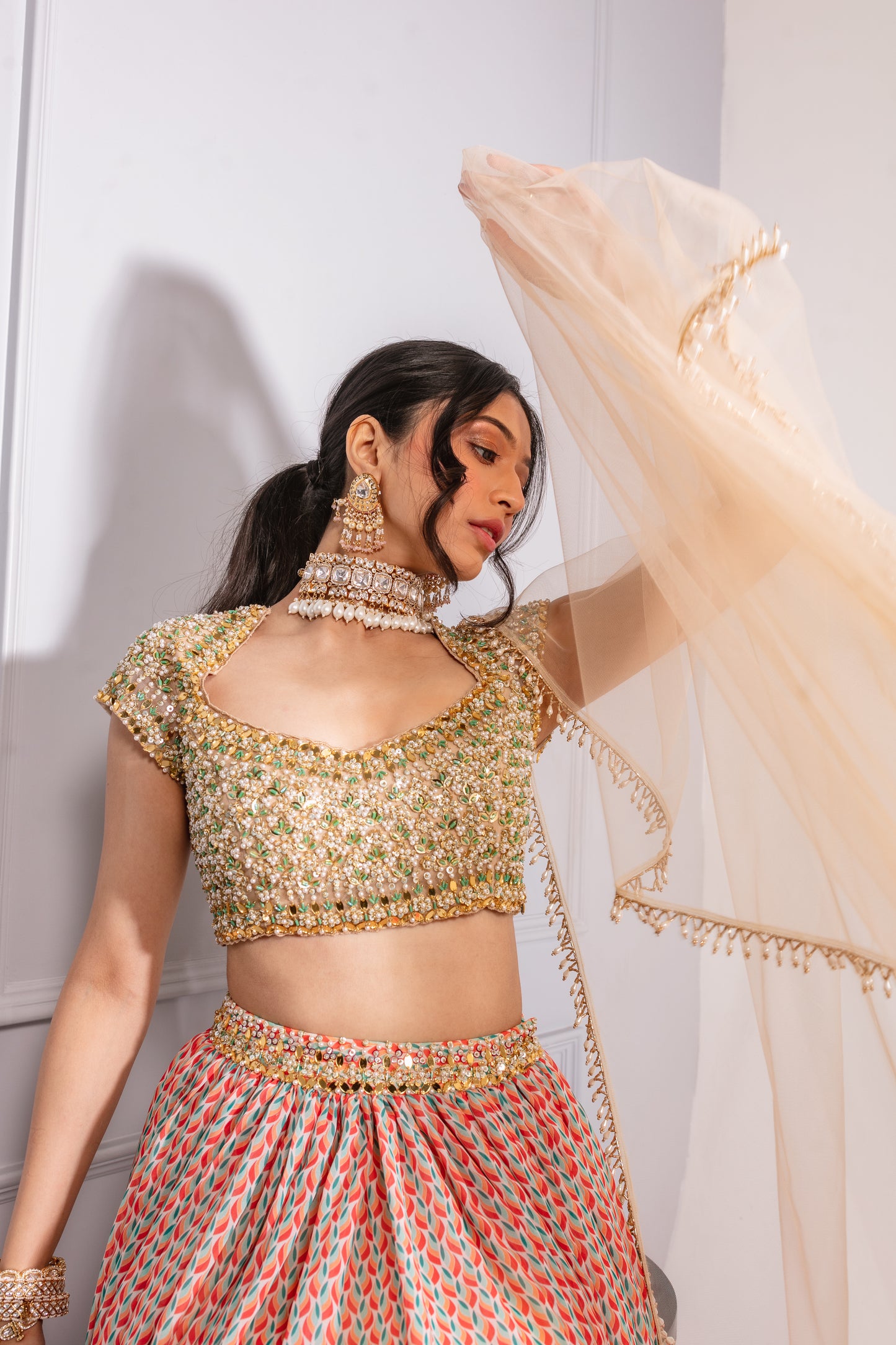 Beige Printed Lehenga Set
