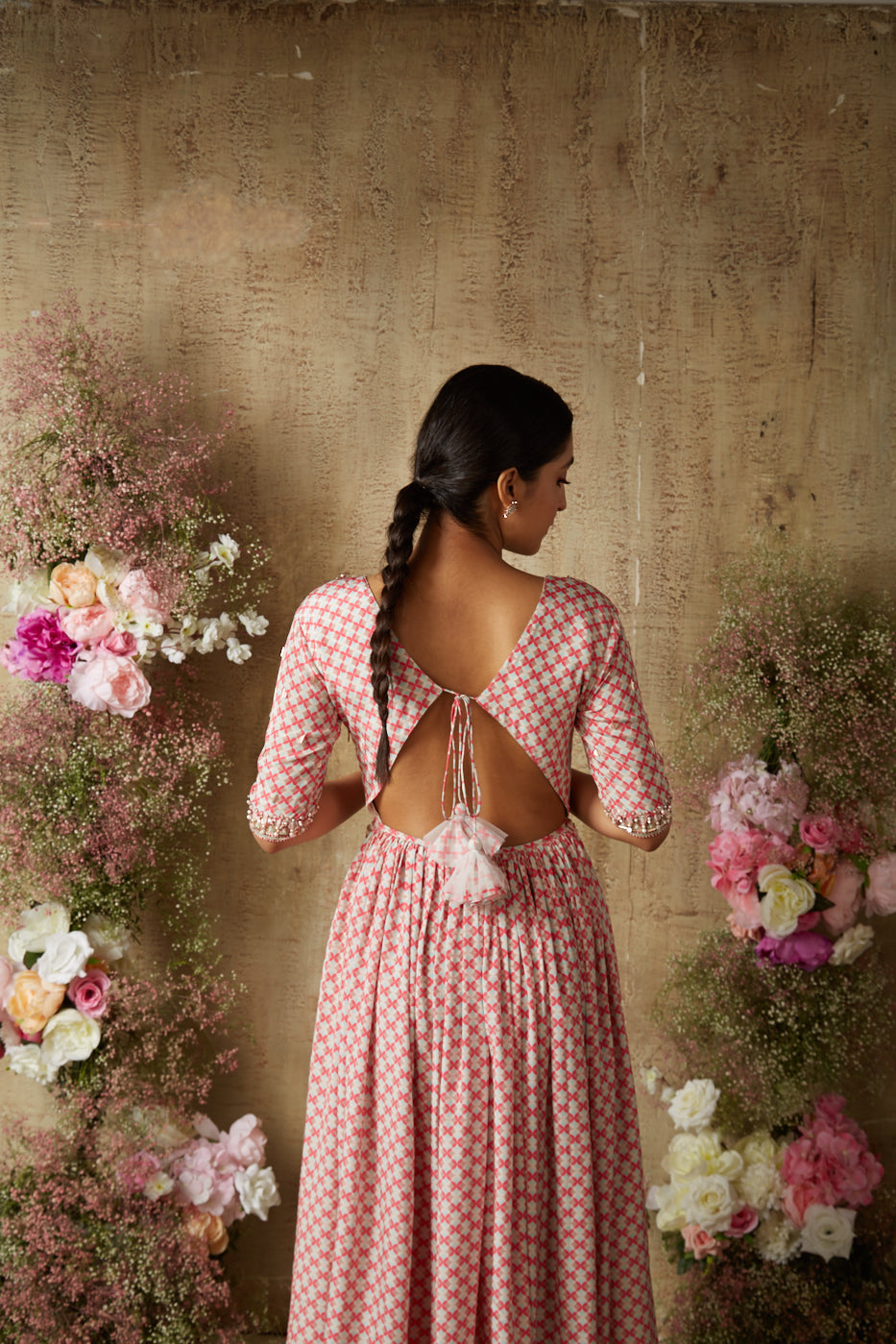 PINK SMALL PRINT OPEN BACK ANARKALI Ria Shah Label PINK SMALL PRINT OPEN BACK ANARKALI Ria Shah Label