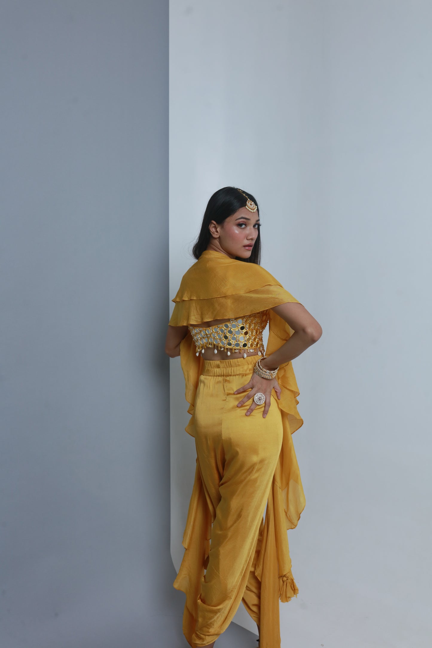 Yellow Modal Satin & Cotton Silk Dhoti Set