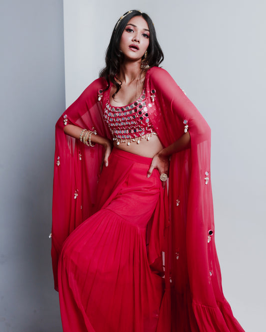 Pink Semi Georgette Draped Sharara Set