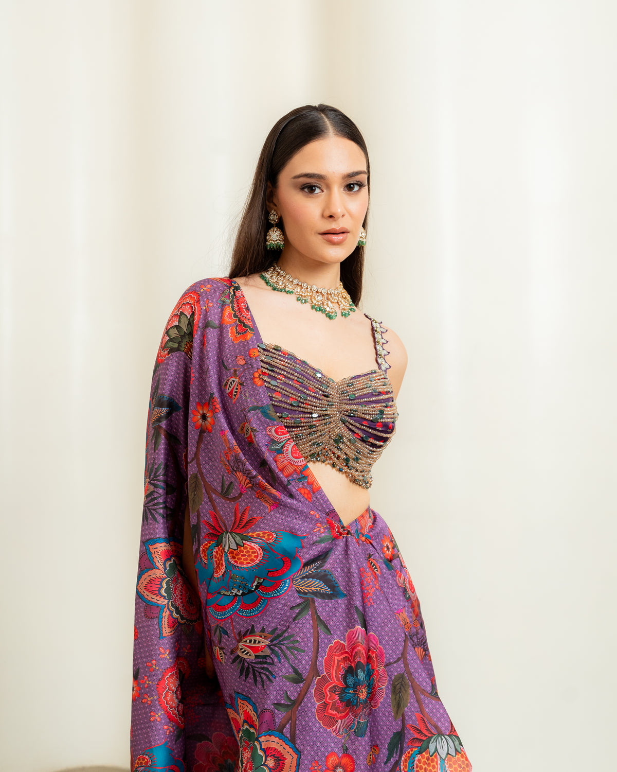 PURPLE PRINTED PRE DRAPED PANT SAREE