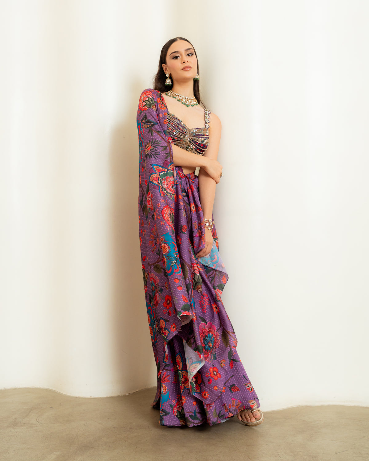 PURPLE PRINTED PRE DRAPED PANT SAREE