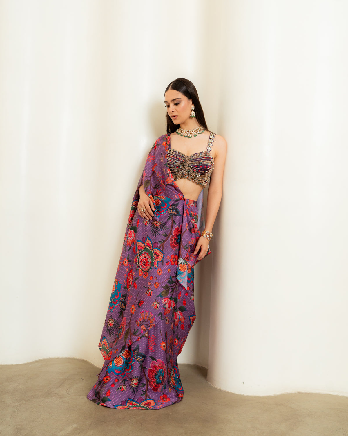 PURPLE PRINTED PRE DRAPED PANT SAREE