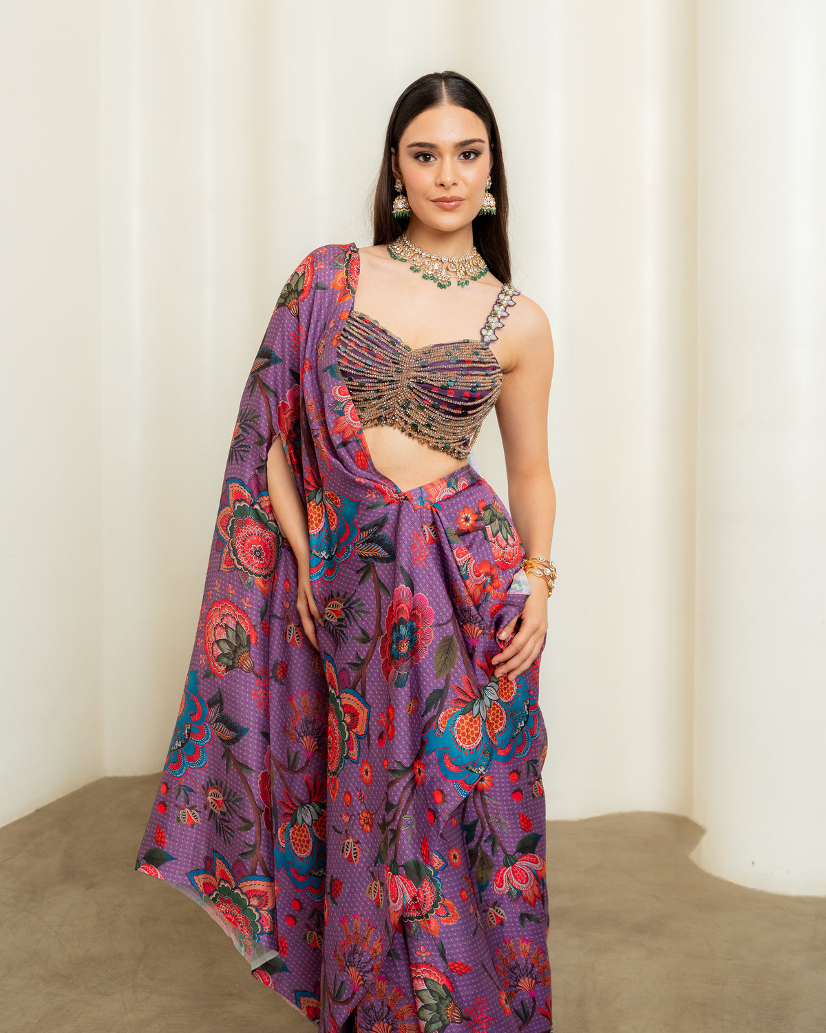 PURPLE PRINTED PRE DRAPED PANT SAREE