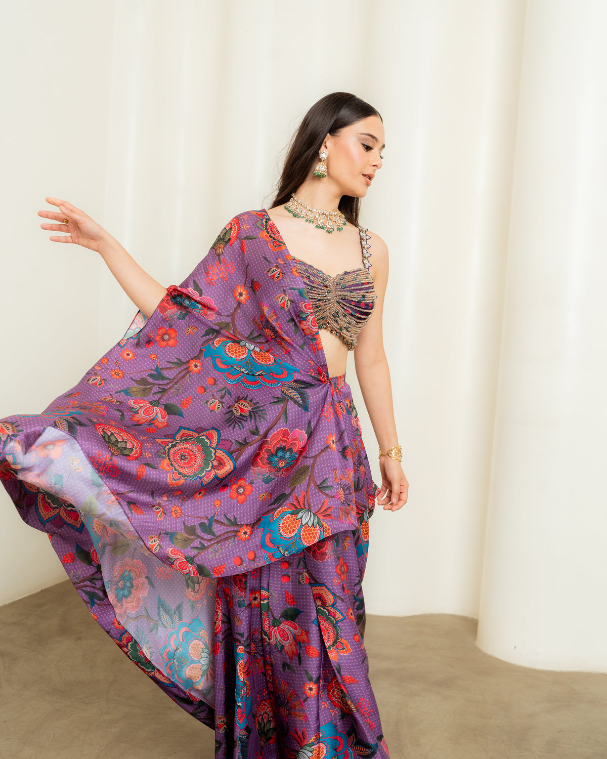 PURPLE PRINTED PRE DRAPED PANT SAREE