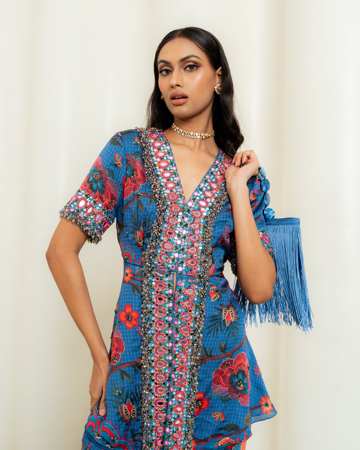 BLUE FLORAL EMBROIDERED SHORT TOP SET