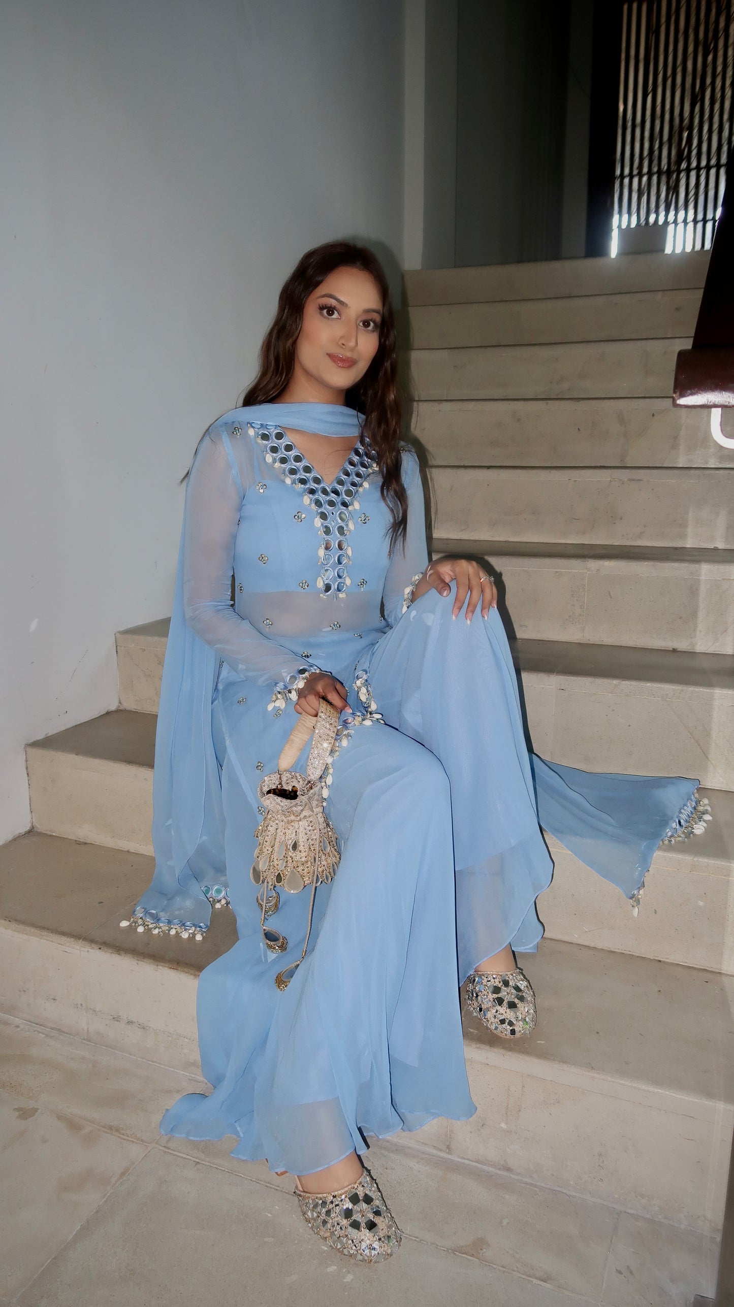 Blue Semi Georgette Sharara Set