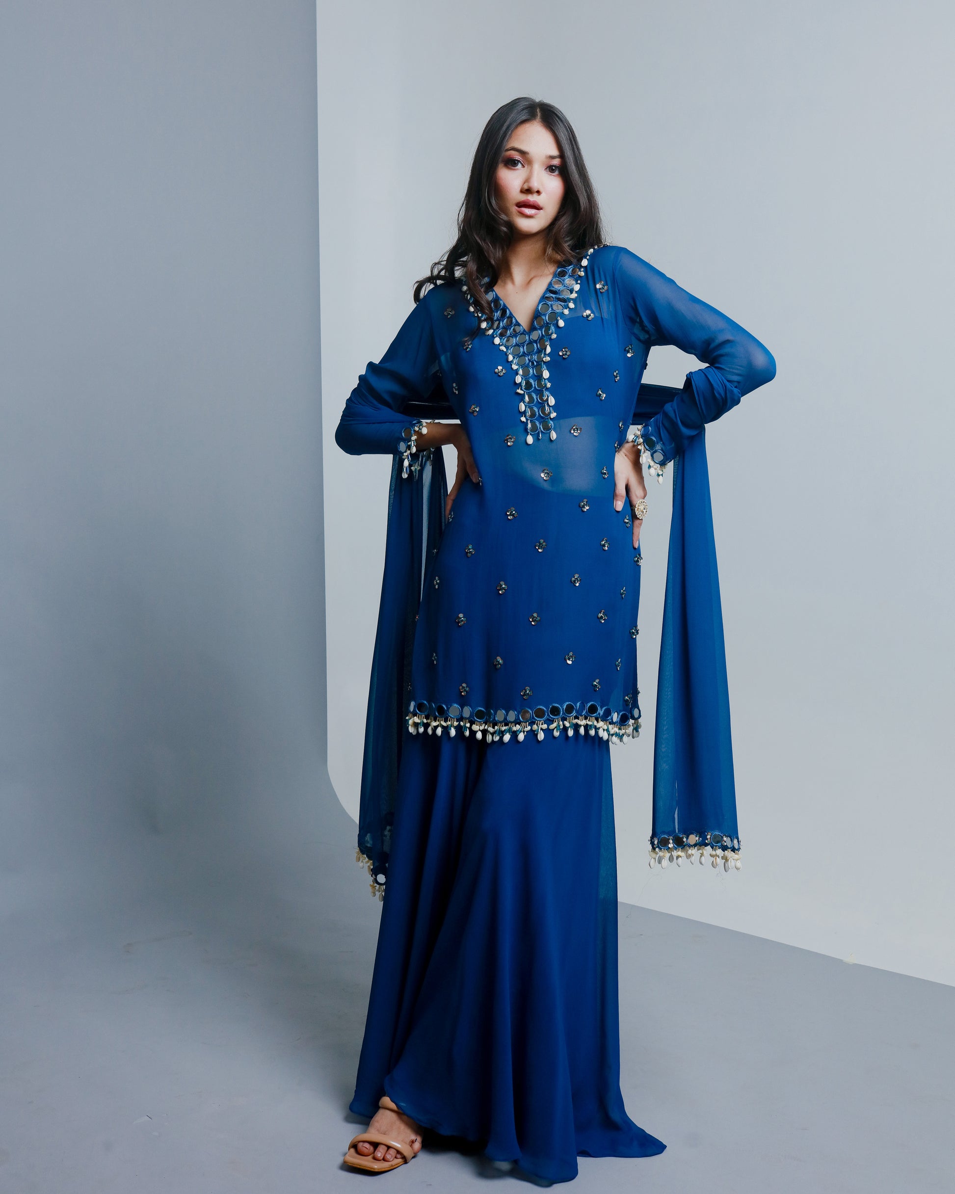 Blue Semi Georgette Sharara Set Ria Shah Label Blue Semi Georgette Sharara Set Ria Shah Label