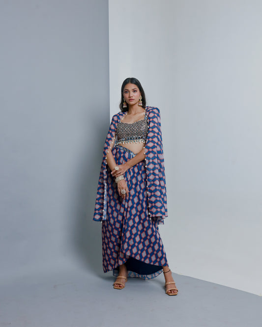 Blue Poly Georgette Geometric Printed Draped Skirt Set