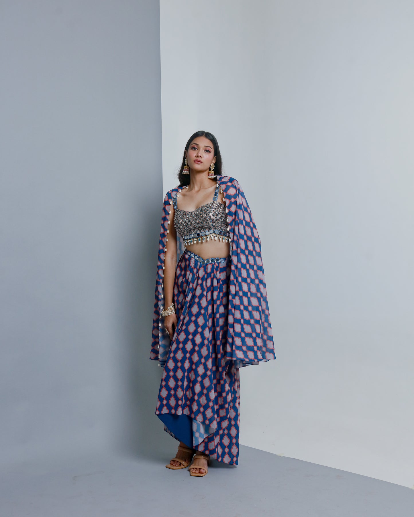 Blue Poly Georgette Geometric Printed Draped Skirt Set