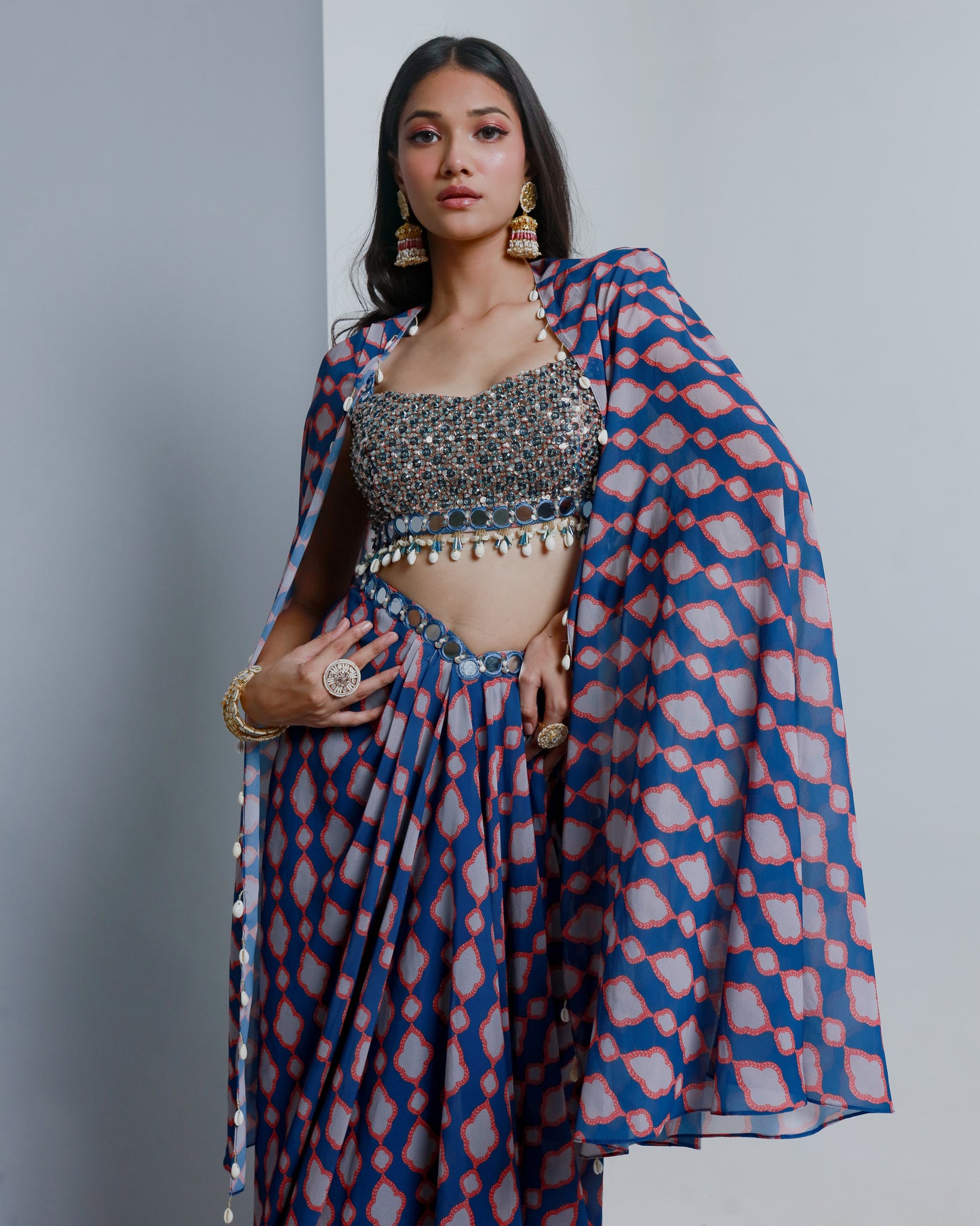 Blue Poly Georgette Geometric Printed Draped Skirt Set