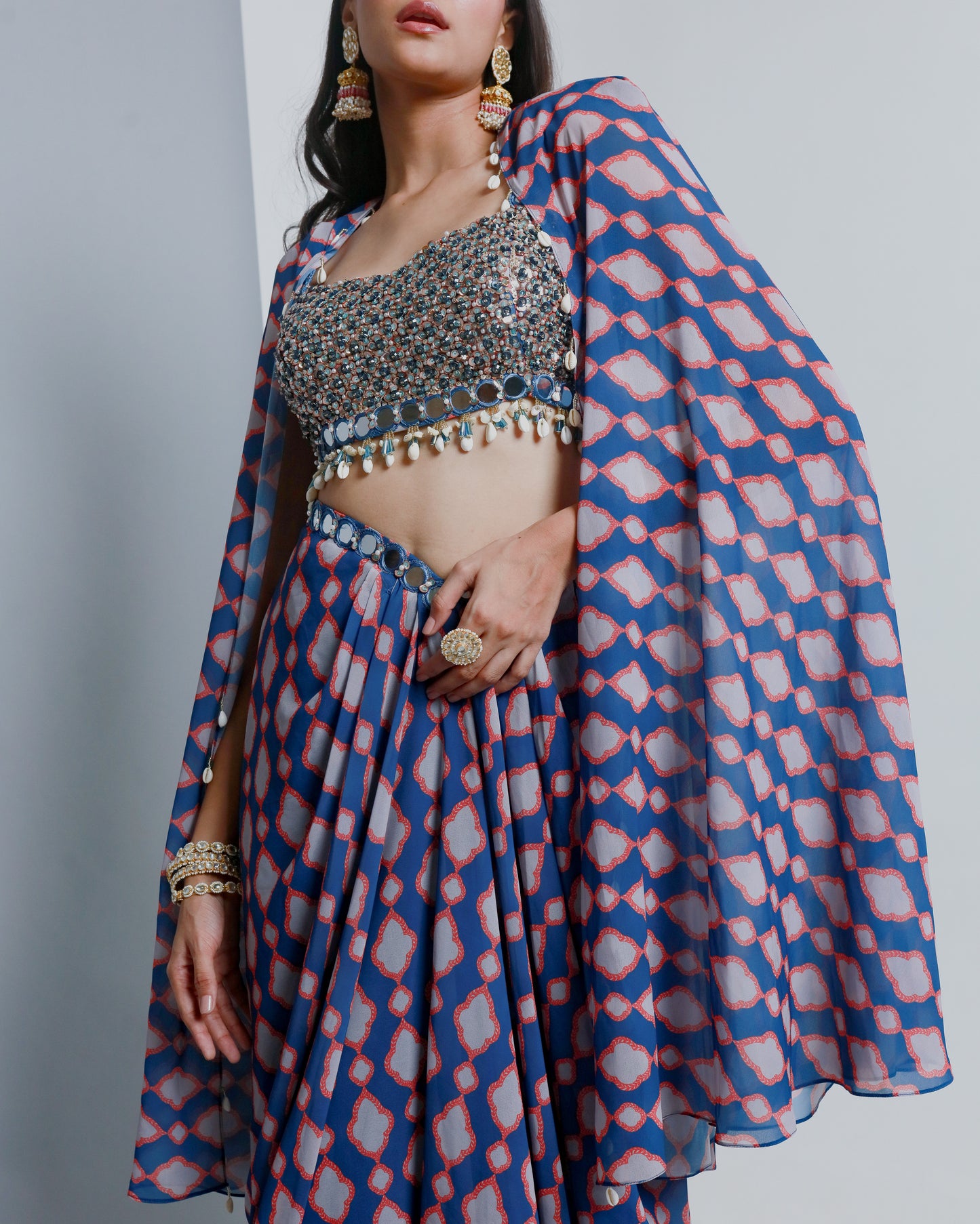 Blue Poly Georgette Geometric Printed Draped Skirt Set