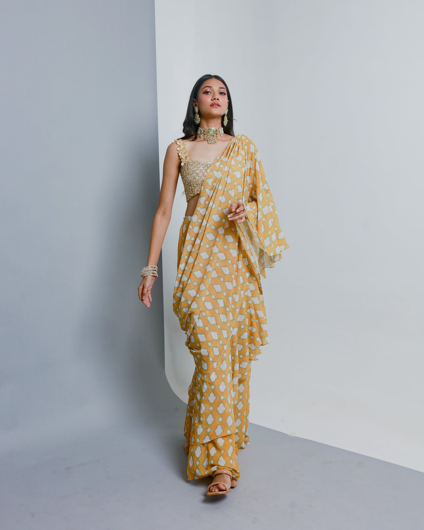 Yellow Poly Georgette Geometric Printed Pre-Stitched Pant Saree Set