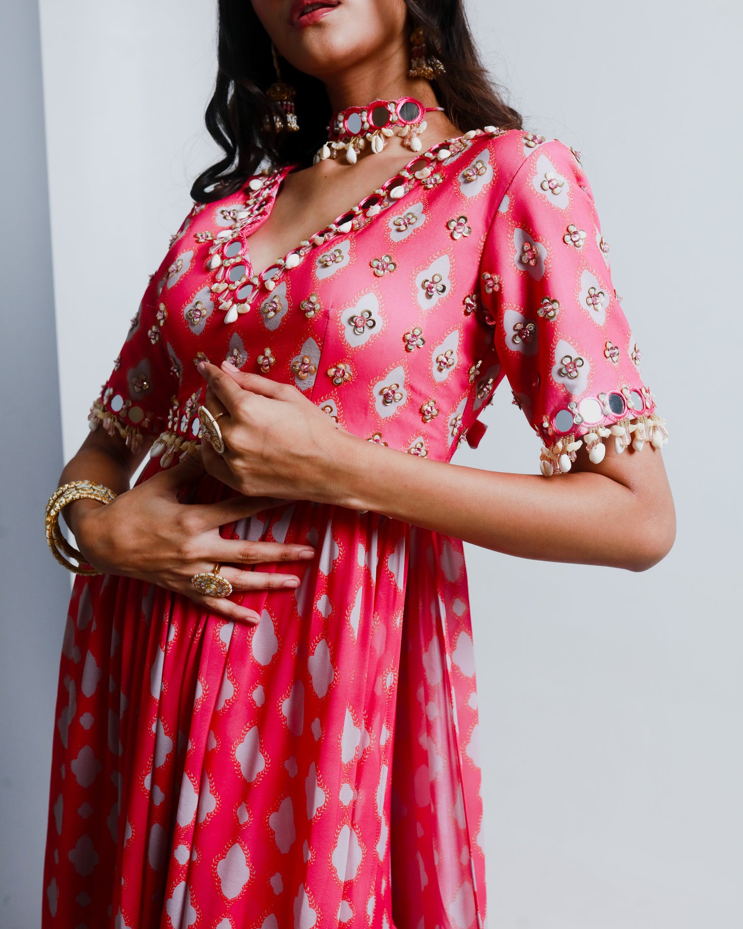 Pink Poly Georgette Geometric Printed Sharara Set