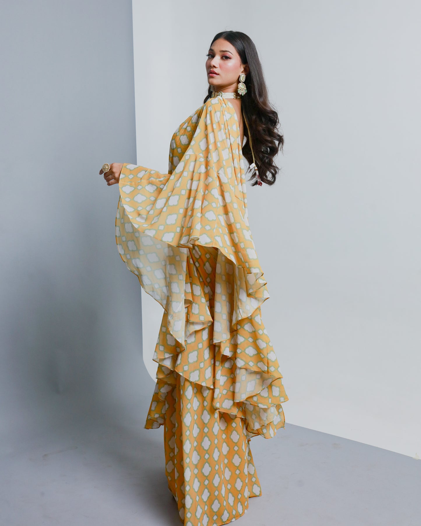 Yellow Poly Georgette Geometric Printed Pre-Stitched Pant Saree Set