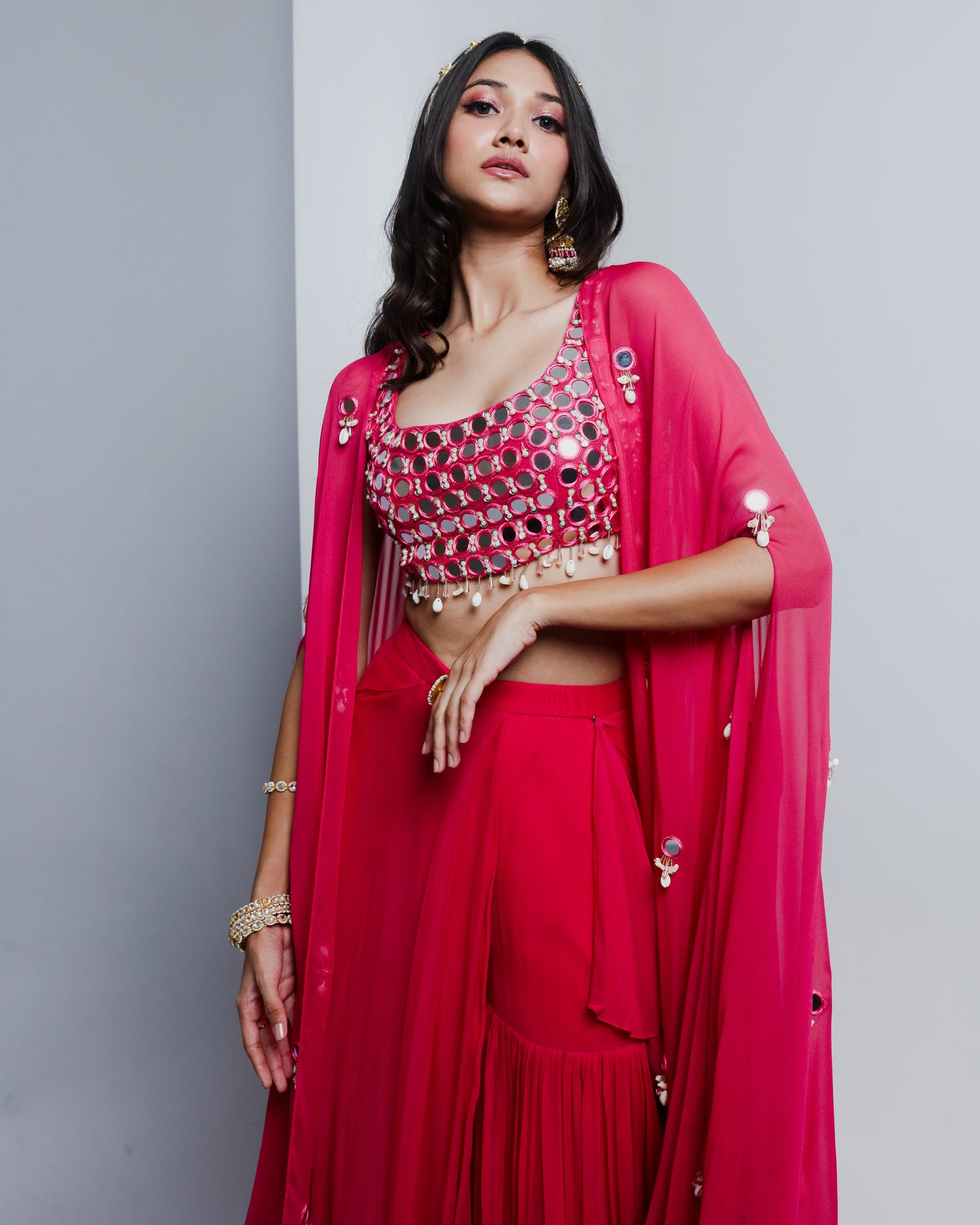 Pink Semi Georgette Draped Sharara Set