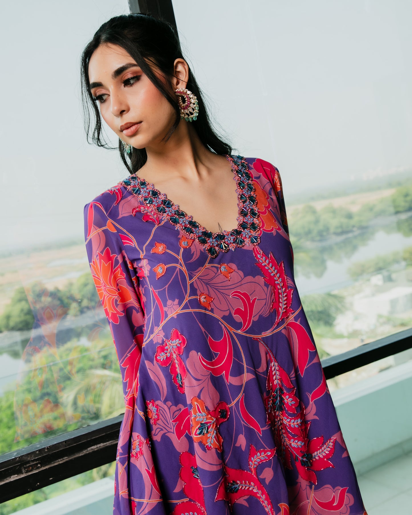 Flared embroidered kurta with sharara pants