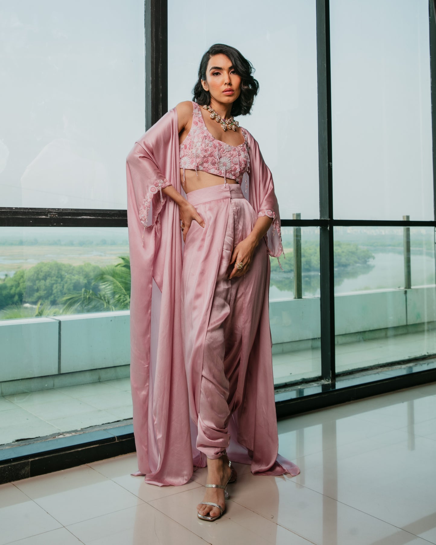 Embroidered blouse with Dhoti pants and embroidered cape