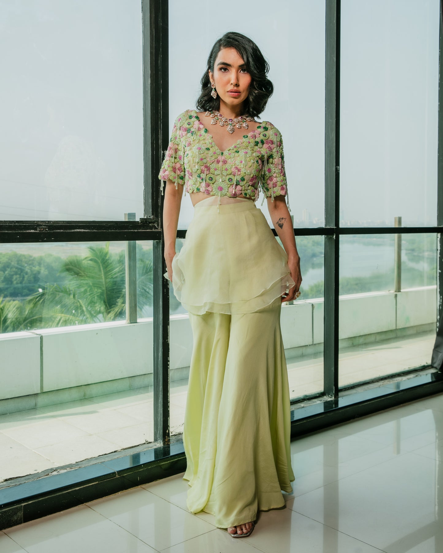 Embroidered cutout top with organza over lay and sharara pants