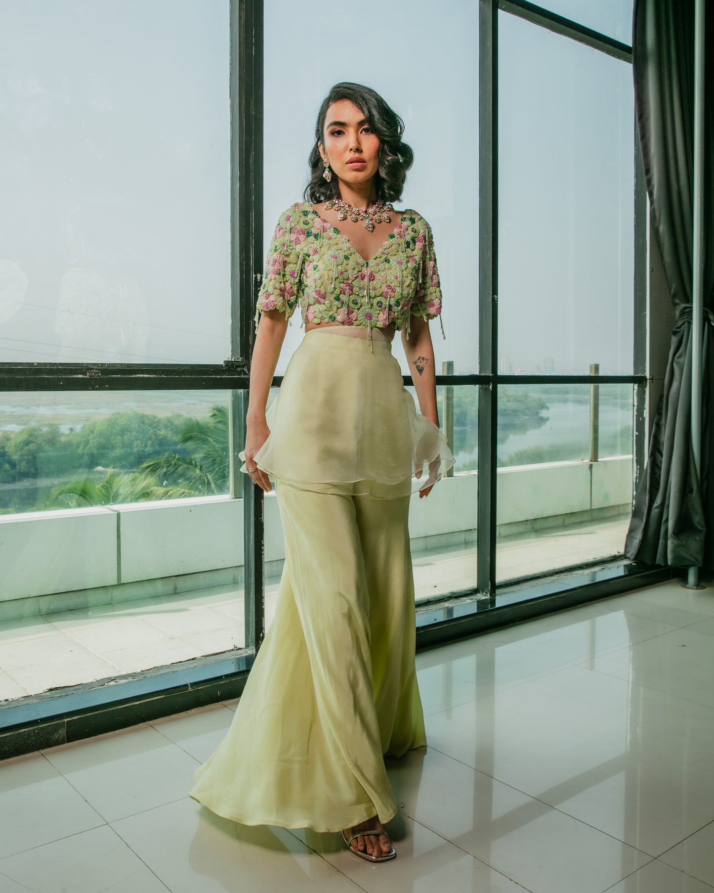 Embroidered cutout top with organza over lay and sharara pants