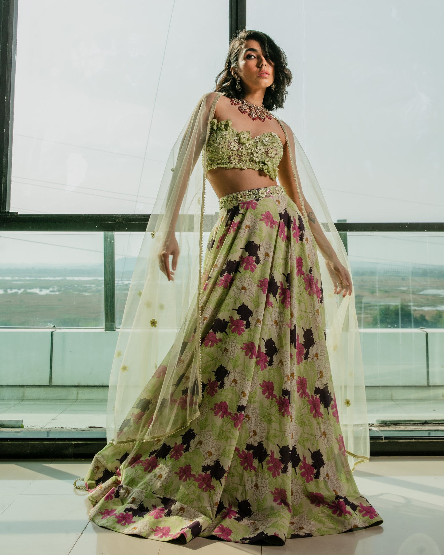 Lime green printed lehenga with 3D embroidered blouse and a dupatta