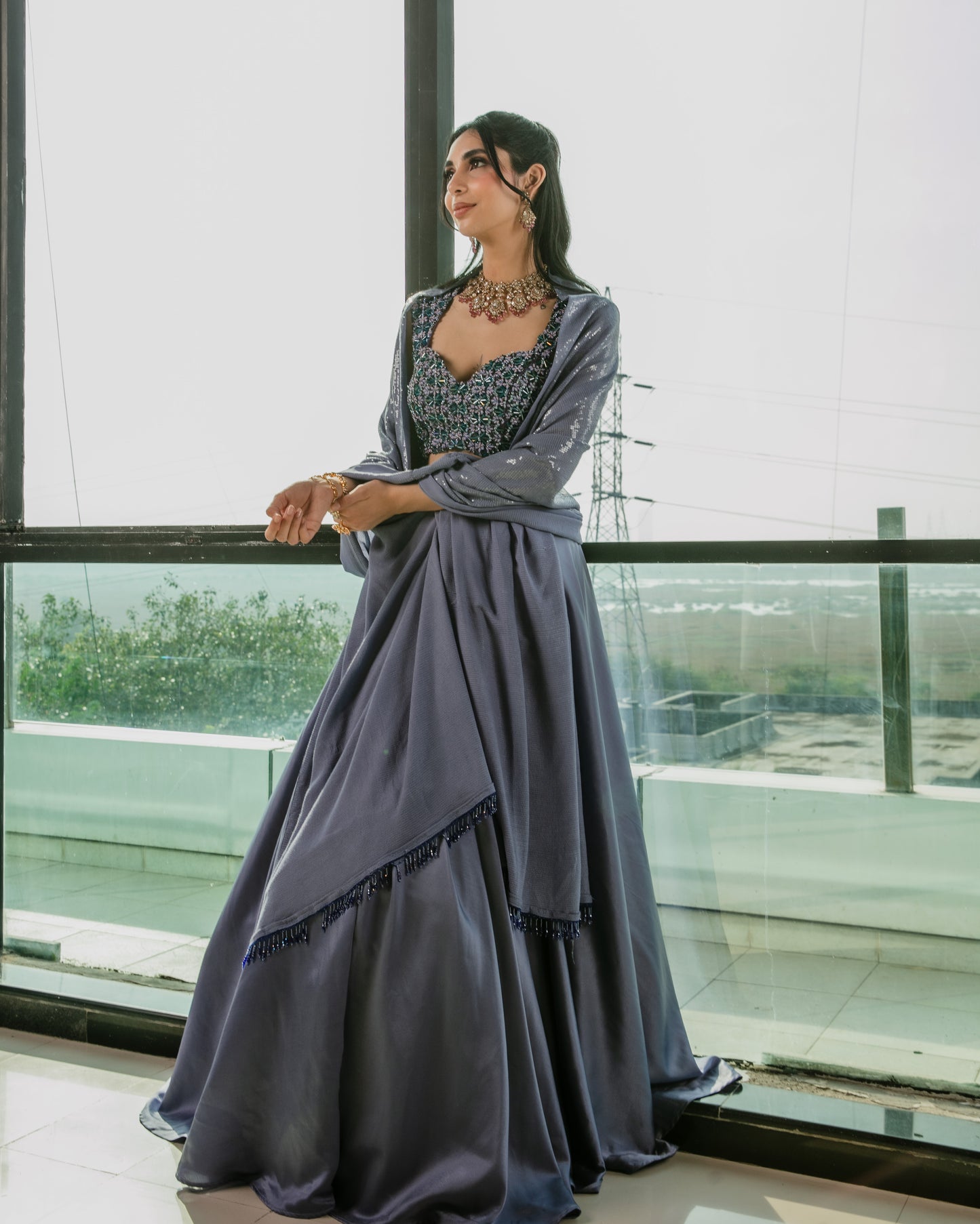 Embroidered blouse with a Lehenga and a sequin dupatta