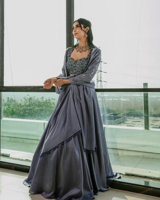 Embroidered blouse with a Lehenga and a sequin dupatta