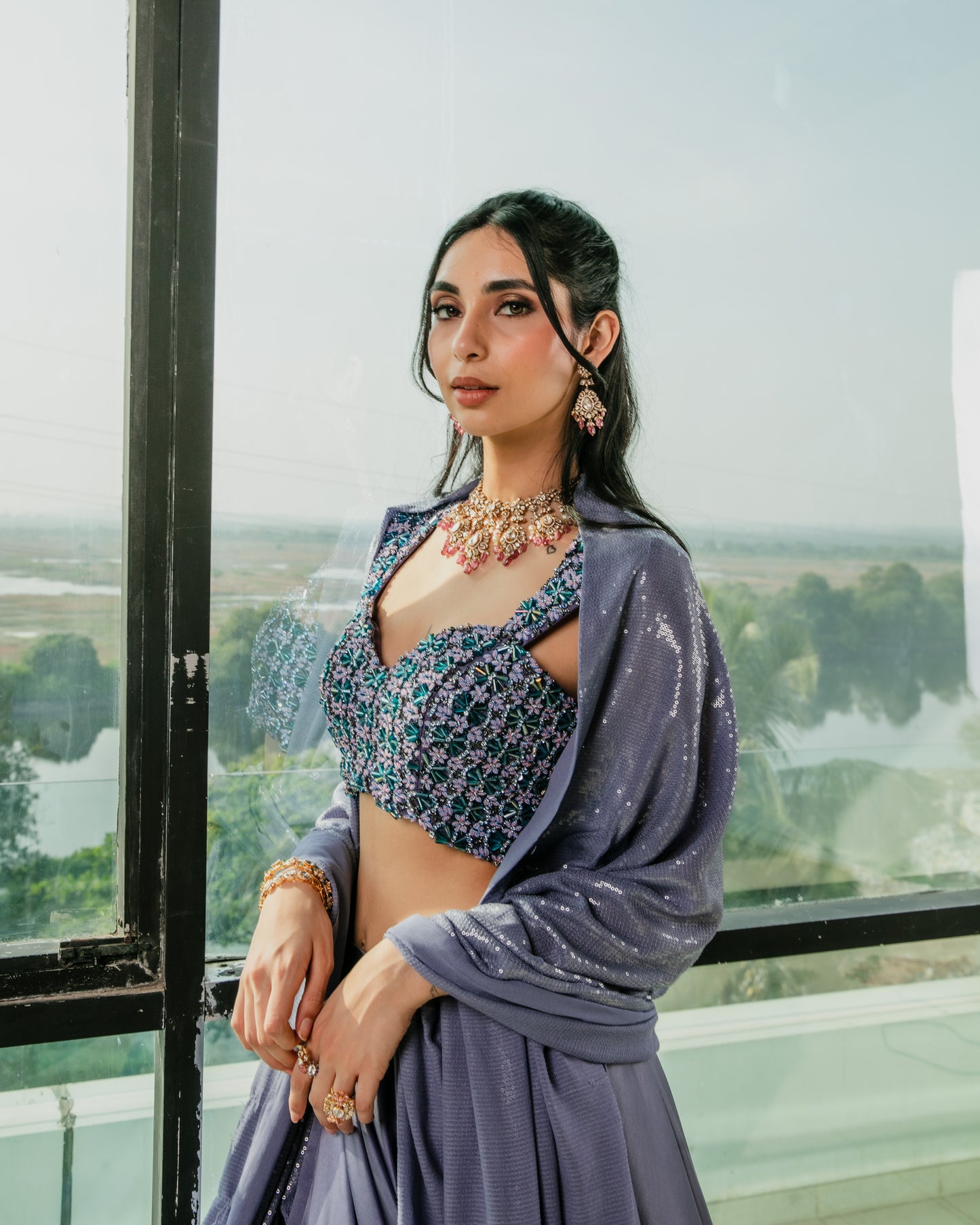 Embroidered blouse with a Lehenga and a sequin dupatta