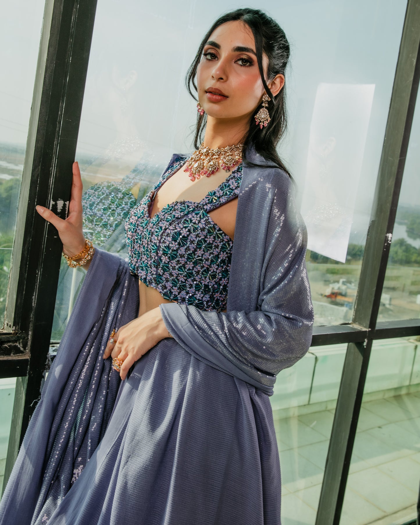 Embroidered blouse with a Lehenga and a sequin dupatta