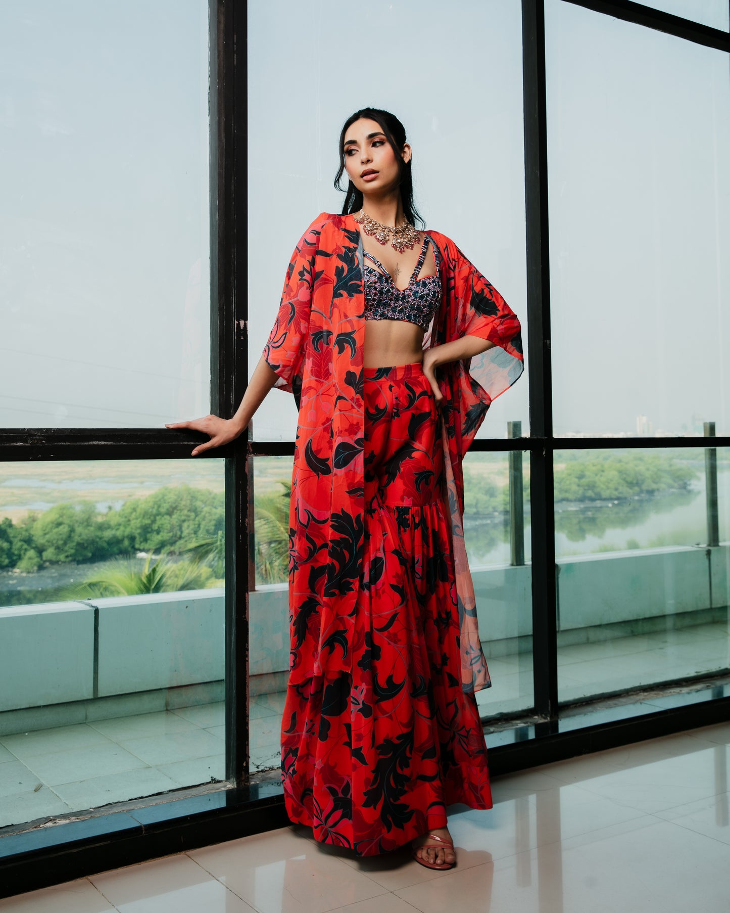 Embroidered bustier with a printed kaftaan and sharara pants set