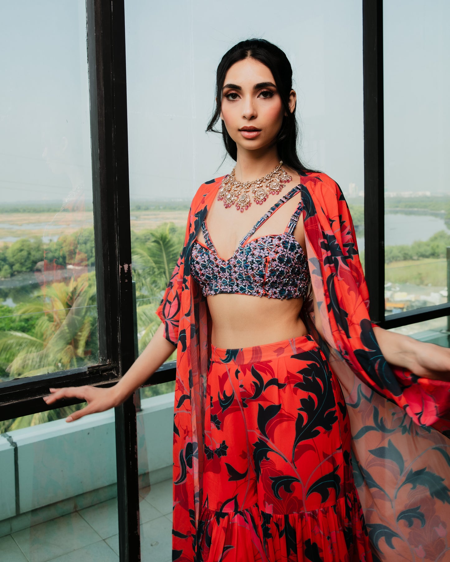 Embroidered bustier with a printed kaftaan and sharara pants set