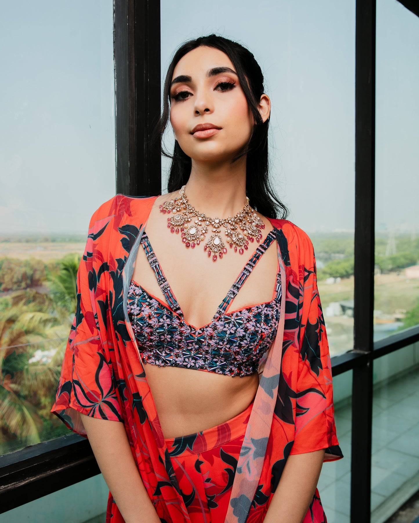 Embroidered bustier with a printed kaftaan and sharara pants set