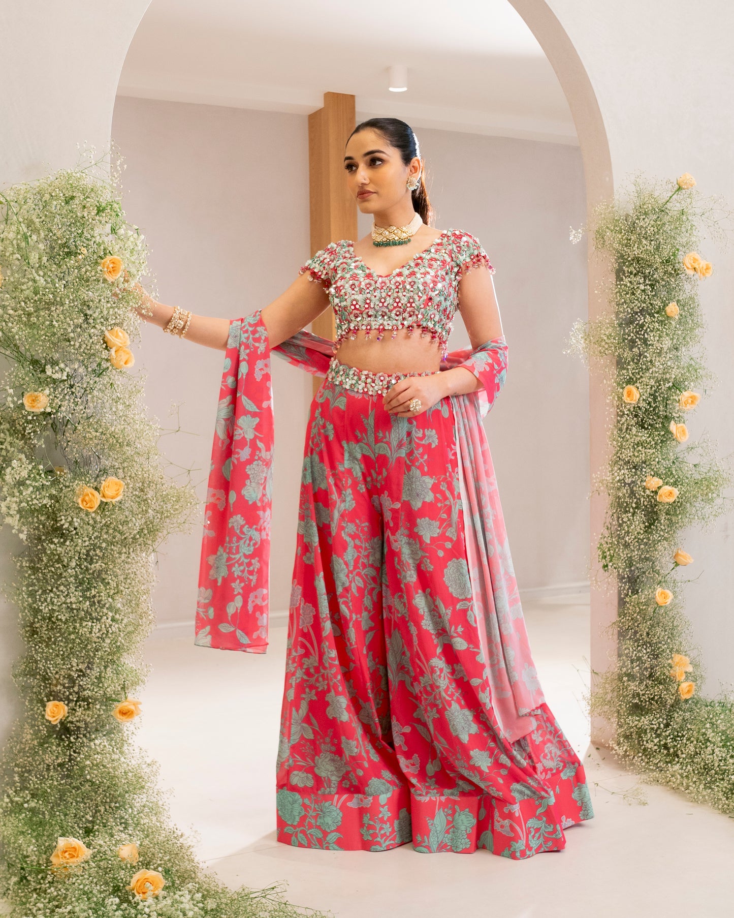 EMBROIDERED SHORT TOP WITH PRINTED SHARARA AND DUPATTA