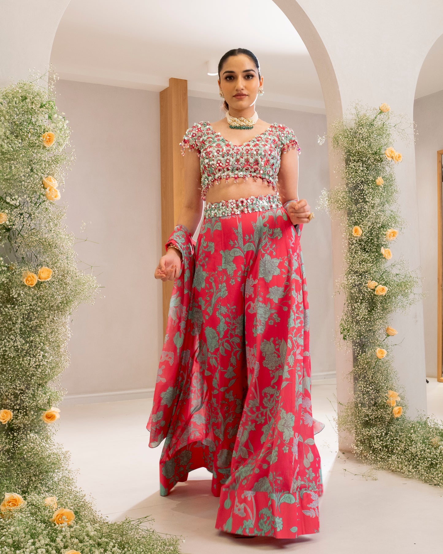 EMBROIDERED SHORT TOP WITH PRINTED SHARARA AND DUPATTA