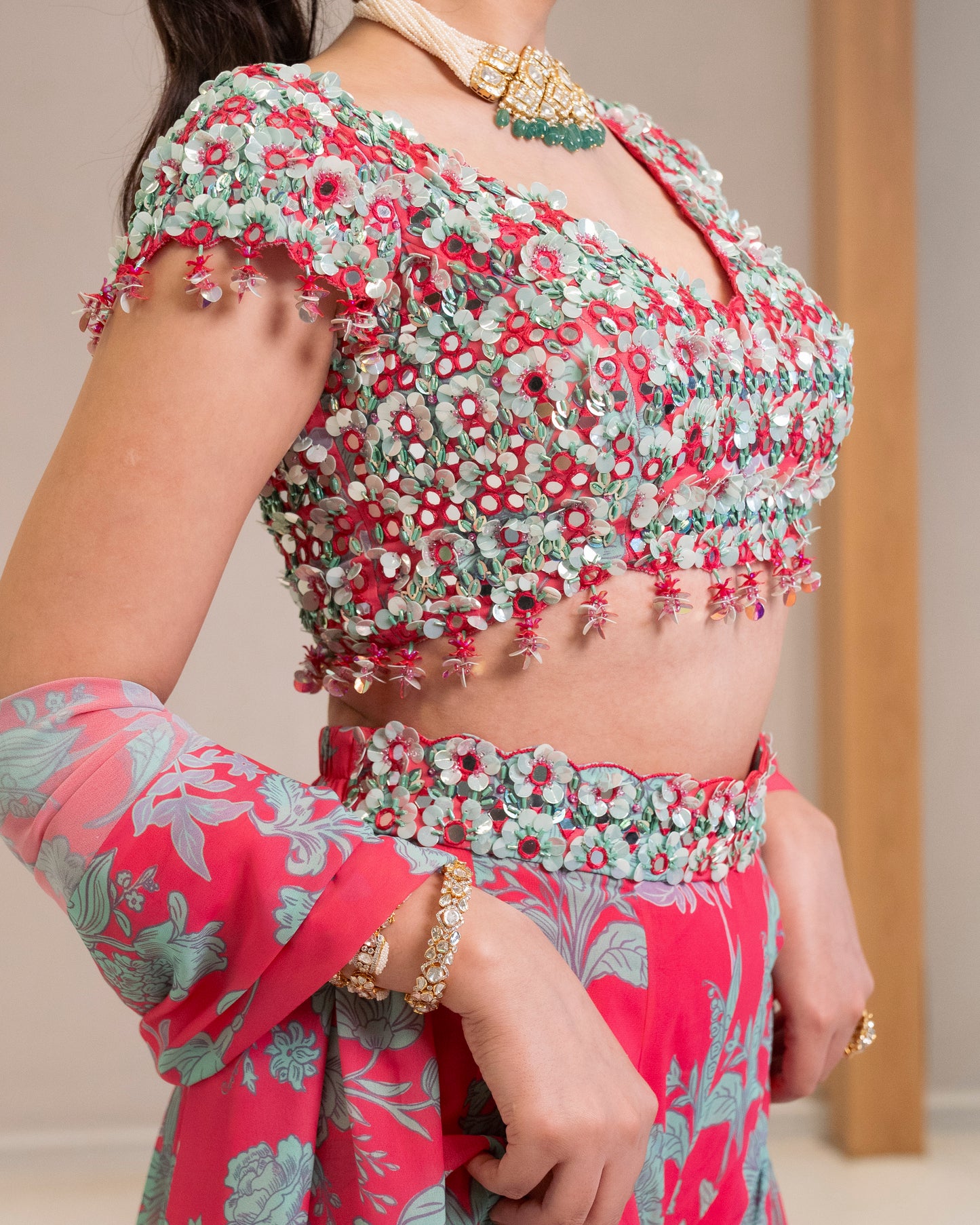 EMBROIDERED SHORT TOP WITH PRINTED SHARARA AND DUPATTA