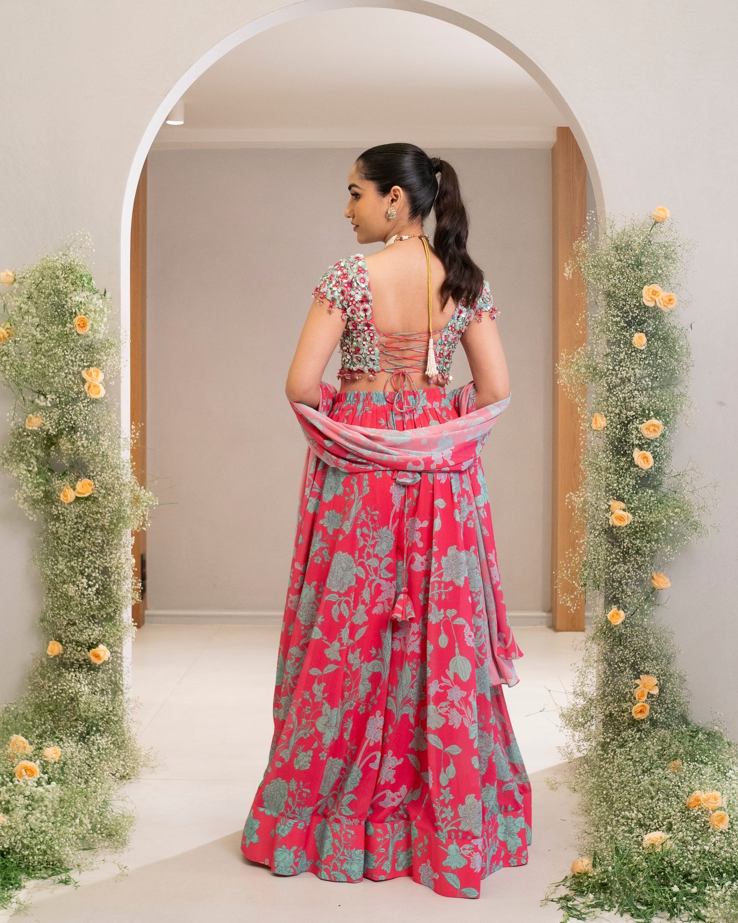 EMBROIDERED SHORT TOP WITH PRINTED SHARARA AND DUPATTA