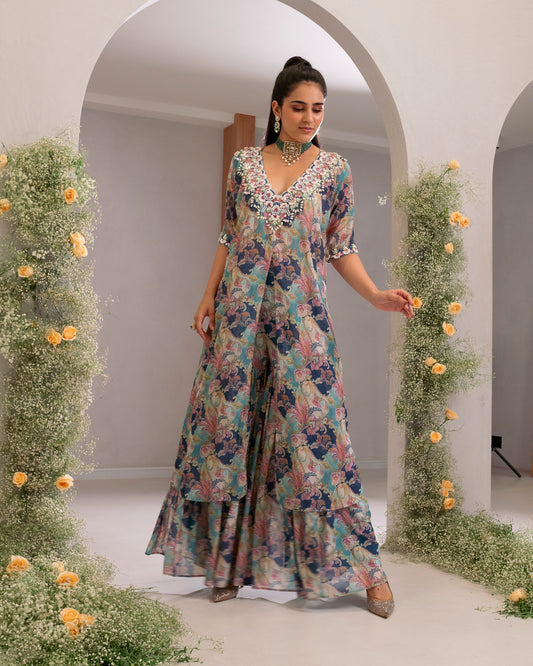 EMBROIDERED CUTOUT KURTA WITH SHARARA