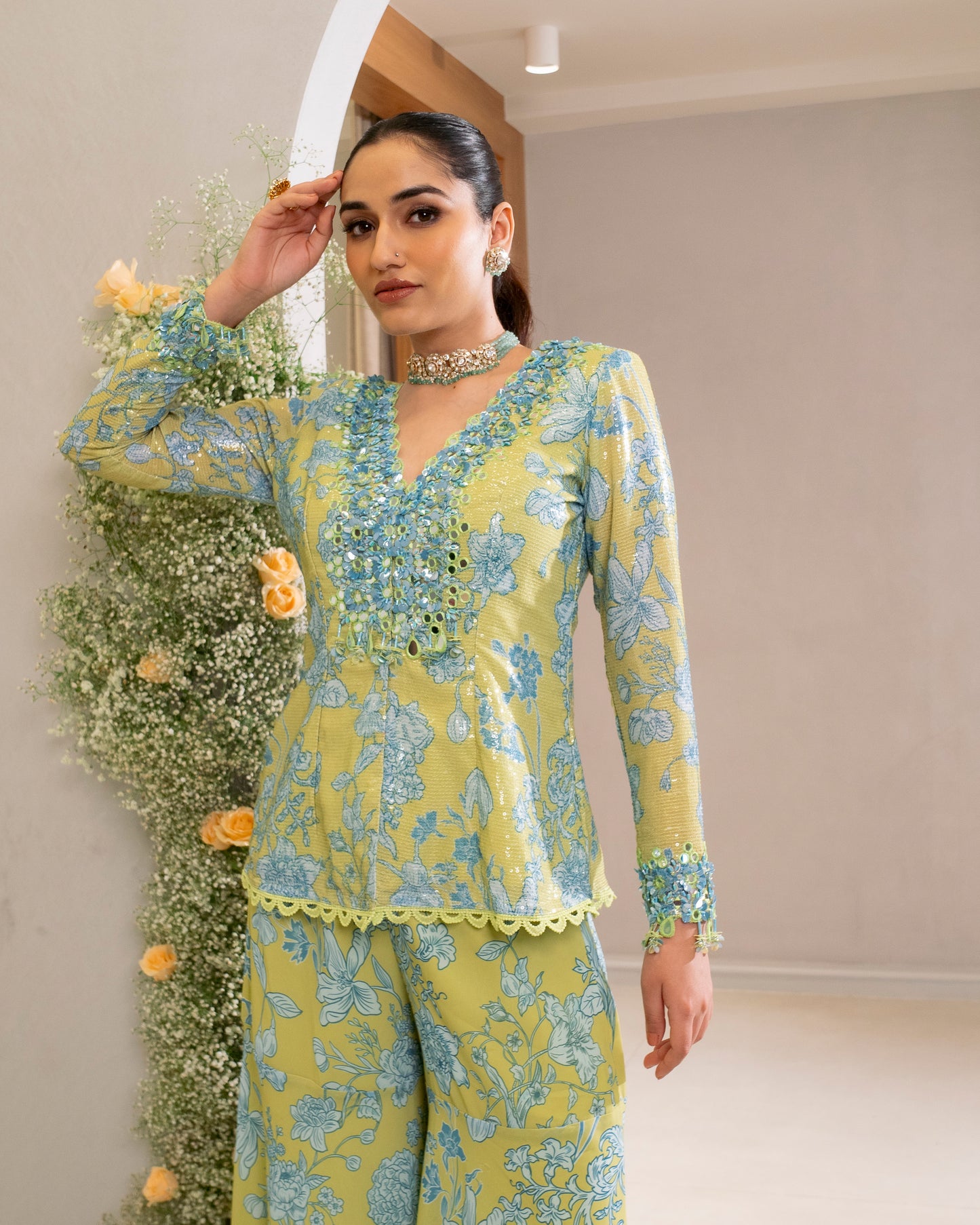 EMBROIDERED SHORT TOP WITH SHARARA PANT