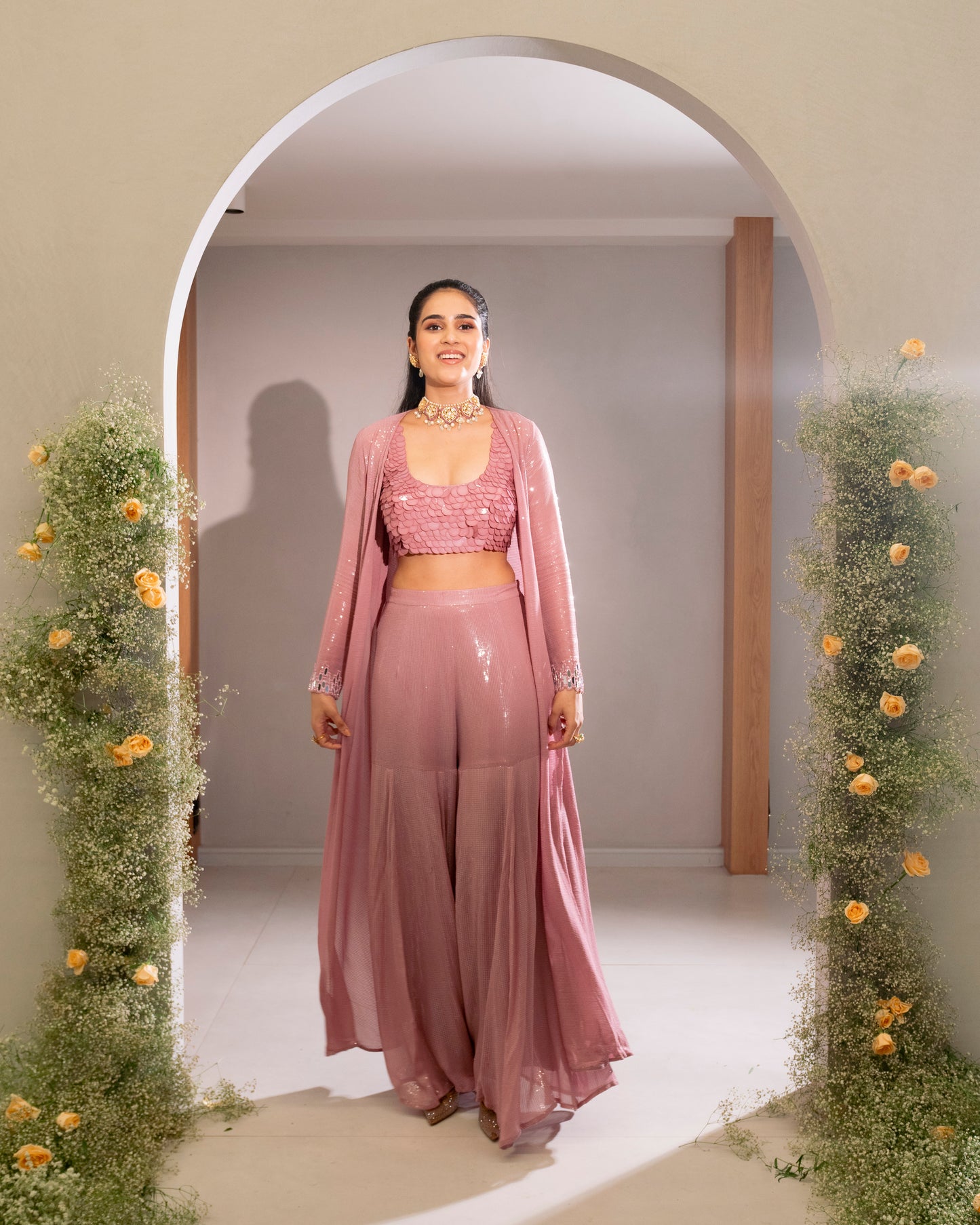 EMBROIDERED BLOUSE WITH CAPE AND SHARARA PANT