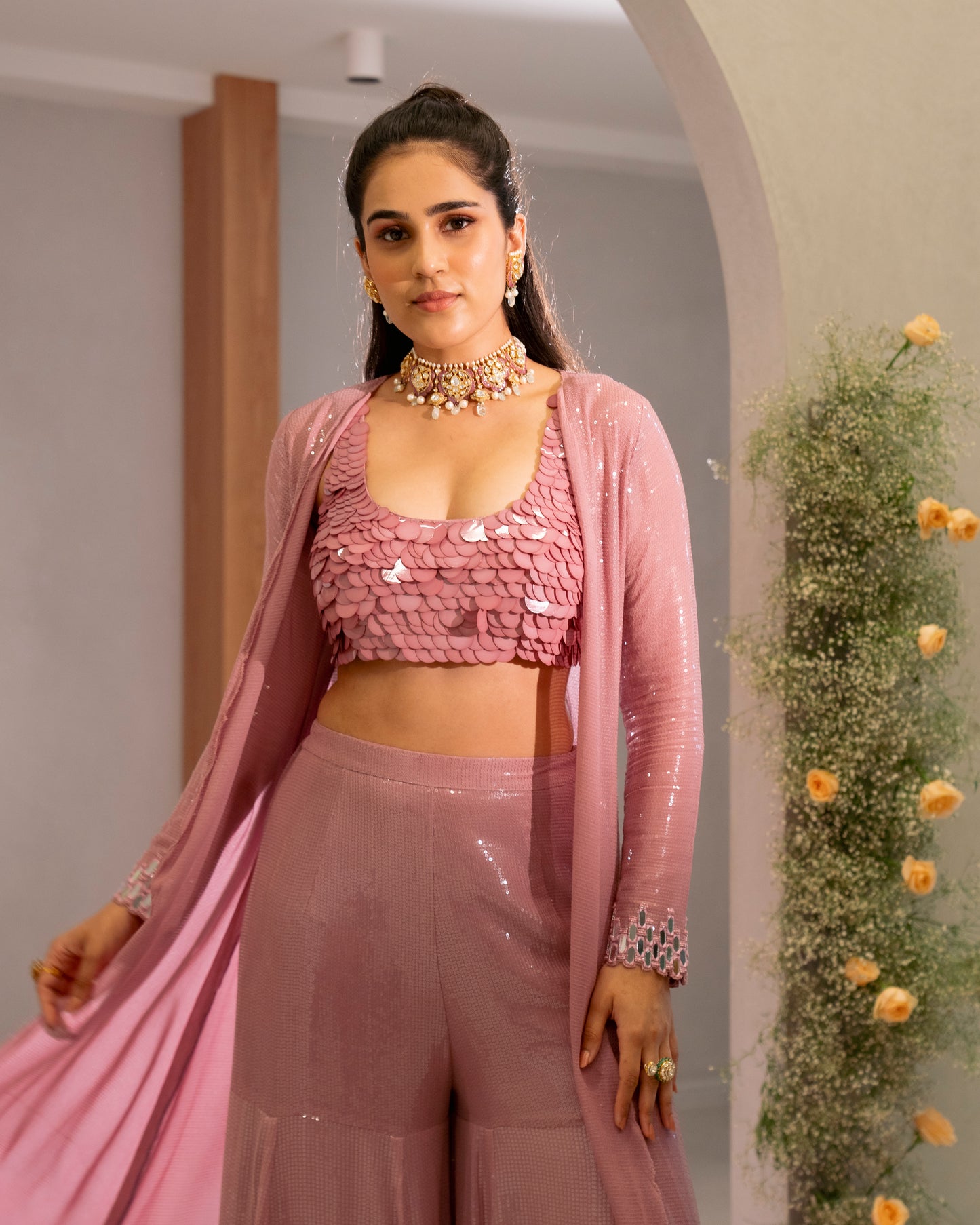 EMBROIDERED BLOUSE WITH CAPE AND SHARARA PANT