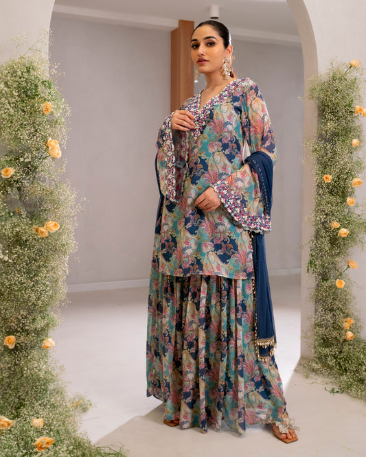 EMBROIDERED SHORT TOP WITH SHARARA PANT AND DUPATTA