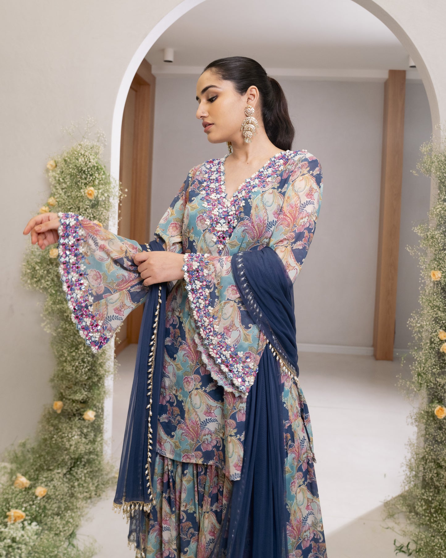 EMBROIDERED SHORT TOP WITH SHARARA PANT AND DUPATTA