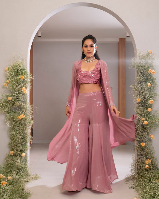 EMBROIDERED BLOUSE WITH CAPE AND SHARARA PANT