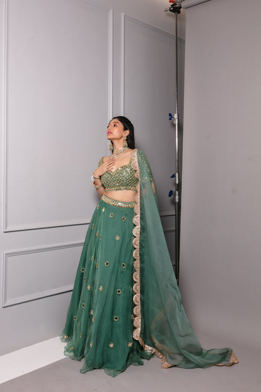 Teal Green Embroidered Lehenga Set